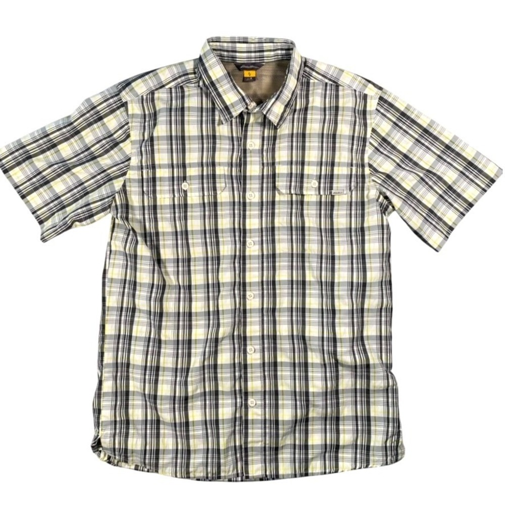 Eddie Bauer Travex Mens M Technical Plaid Button Up Trail Hiking Shirt New